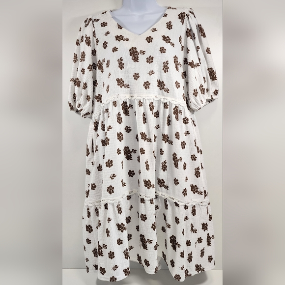 Mikarose Dresses & Skirts - Mikarose Dress Floral Size M White/Brown Spring Tiered Cloud Dress Pockets Lace